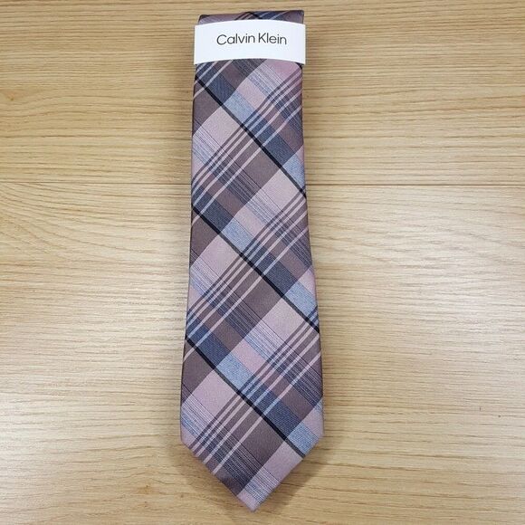 CALVIN KLEIN Mens Neck Tie Pink Plaid Classic Pointed Silk Blend - Picture 2 of 6